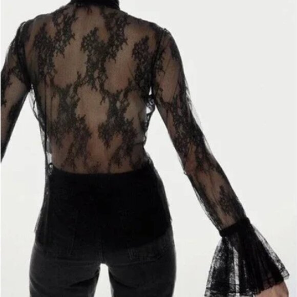 ZARA NWOT Black Lace Bohemian Sheer Flare Long Sleeve High Neck Top Size Medium - Picture 3 of 14